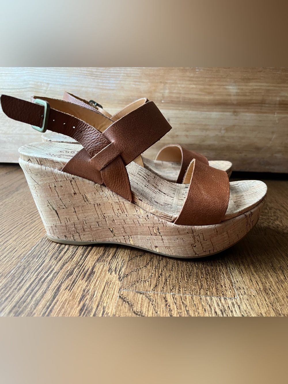 Kork-Ease Austin tan leather ankle strap cork platform wedge sandals Sz 5